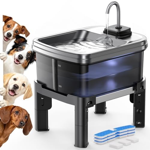 9L/2 Gal Raised Dog Water Fountain with 3-Height Adjustable Stand | FeelNeedy Large Pet Water Dispenser, Deepened Stainless Steel Tray, Quiet Pump, Water Bowl for Large Dog & Multi-Pets Home