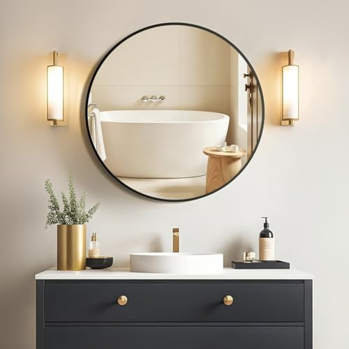 Sqinor Spiegel Rund Schwarz 40cm HD Spiegelglas Wandspiegel, Modern Badspiegel Rund mit Aluminium Rahmen, Hängend oder Kleben, Deko Runder Spiegel für Bad Badezimmer Flur Wohnzimmer Schlafzimmer