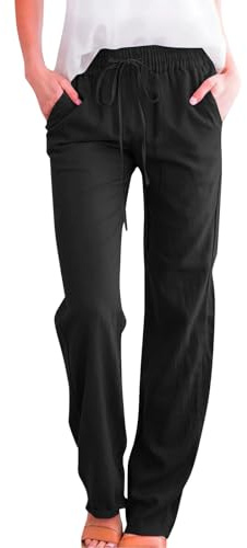 Nuoke Leinenhose Damen Leichte Sommerhose Baumwolle Leinen Hose Cargohosen Leicht Frau Jogginghose Einfarbig Elegante Wanderhose Oversized Festliche Musselin Hosen Stoffhose Freizeithose Strandhose