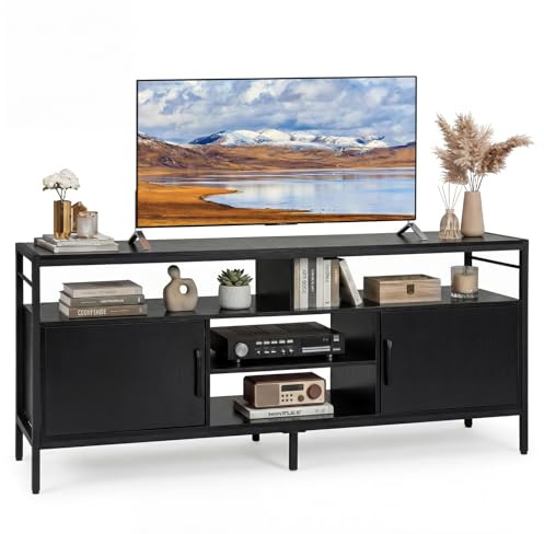 COSTWAY Mobile TV Soggiorno fino a 65, con 2 Armadietti e 4 Ripiani Aperti, Tavolino Porta TV con Gambe in Metallo, Centro di Intrattenimento per Soggiorno Camera da Letto (Nero, 147 x 35 cm)