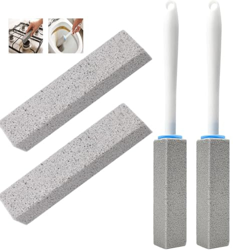 Pumice Stone Cleaning Set | 2 Toilet Pumice Stone with Handle + 2 Pumice Stones Removing Limescale, Stains & Rust, Multi-Surface Scouring Stick for Toilets, Stoves, Grills & Bathrooms
