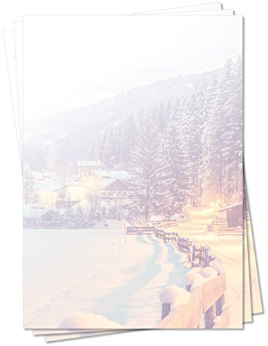Motivpapier Briefpapier (Winter-5038, DIN A4, 25 Blatt) - tiefverschneite Winterlandschaft mit Bäumen und einem kleinen Teil einer idyllischen Ortschaft mit schneebedeckten Häusern