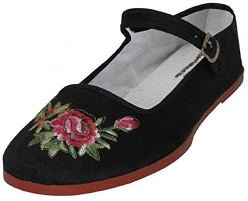 Shoes 18 Womens Cotton China Doll Mary Jane Shoes Ballerina Ballet Flats 114 Black Emb UK 7