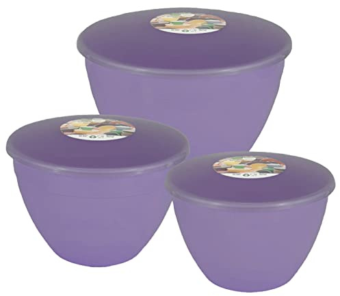 Just Pudding Basins 3 Larger Food Safe Plastic Bowl Sizes and Lids in 1 Set, 1x 1.5pt (850ml), 1x 2 pint (1.14lt), 1x 3 pint (1.71lt) Lilac