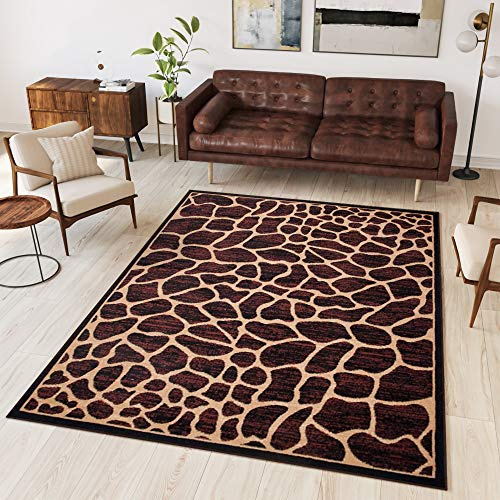 TAPISO Atlas Teppich Kurzflor Afrika Tiermuster Tierfellimitat Giraffe Braun Beige Wohnzimmer Schlafzimmer Modern Design ÖKOTEX 60 x 100 cm