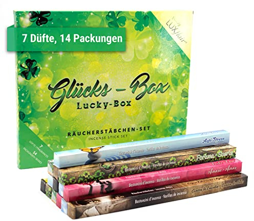 Räucherstäbchen Set Glücksbringer, Bundle mit 7 verschiedenen Sorten, indische Räucherstäbchen, 14 Packungen à 8 Stäbchen, Brenndauer ca. 30min, Intensive und würzige Düfte, Probierset, Geschenkset