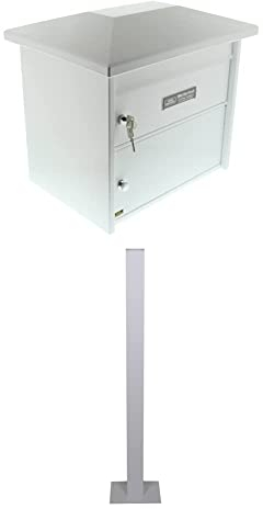 Burg-Wächter Großraum-Briefkasten mit überstehendem Dach, A4 Einwurf-Format, Vollflächig verzinkt, Stahl, Europa 732 W, Weiß + Briefkasten-Ständer, Aluminium, Europa EST 1 W, Weiß