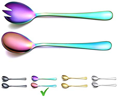 Berglander Rainbow Salad Server Set, Stainless Steel Salad Serving Set with Titanium Colorful Plating, Salad Servers, Salad Spoon, Salad Fork, Pack of 2 (Shiny Rainbow)