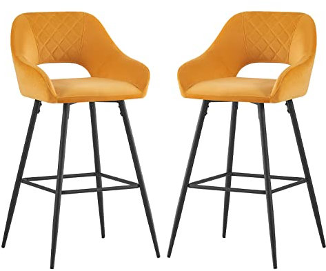 JaHECOME Bar Stools Set of 2 Yellow Velvet Padded with Footrest Armrest Kitchen High Stools Supported Black Metal Legs for Breakfast Bar, Counter, Kitchen and Home