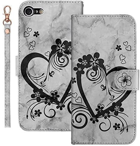 Ailisi Handyhülle für iPhone 7/iPhone 8/iPhone SE 2020 (4,7 Zoll), Blume Liebe Herz Muster Marmor PU Leder Klapphüllen Schutzhülle Brieftasche Handytasche Etui Magnetisch Flip Cover Case - Schwarz