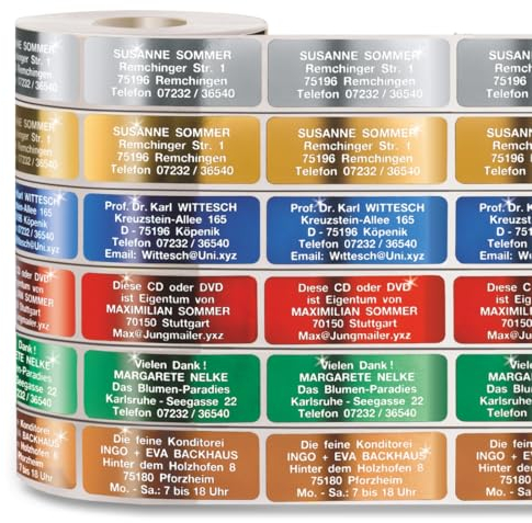 500 Adressaufkleber, Adressetiketten Original*** de-Luxe COLOR in 6 glänzenden Metallic-Farben mit 6-zeiligem Wunschtext auf der Rolle in der praktischen Spenderbox