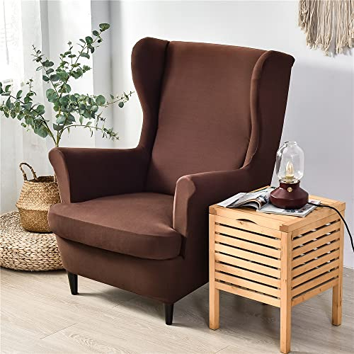 Highdi 2 Teilig Ohrensessel Überzug, Sessel-Überwürfe Ohrensessel Schonbezüge Bezug Sesselhusse Elastisch Stretch Stuhlbezug mit Armlehne Hohe Rückenlehne Universal (Kaffee braun,Sesselhusse)