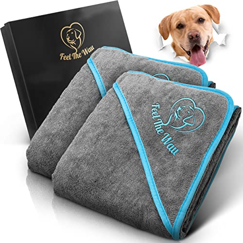 FeelTheWau Hundehandtuch extra saugfähig - Hundehandtuch für große Hunde und kleine Hunde - KUSCHELWEICH - Hunde Handtuch - Geschenk für Hundebesitzer (2er Pack 130x75cm, Grau/Türkis)