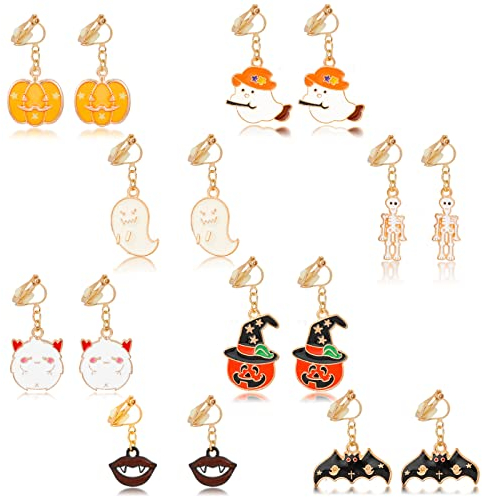 Hifot 8 Paar Halloween Clip Ohrringe Mädchen Damen, Kürbis Geist Spinne Schädel Festliche Atmosphäre Ohrclips Schmuck Zubehör, Halloween Thema Pretend Play Dress up Ohrringe