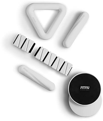 Fitfiu Fitness Shapes KIT - 4er-Pack Sportzubehör: 1 Kettlebell 2 Handgelenkbänder 2 Kurzhanteln 2 Gleitscheiben 1 Gummiband aus Stahl in weißem Silikon Shapes Collection by Patry Jordan