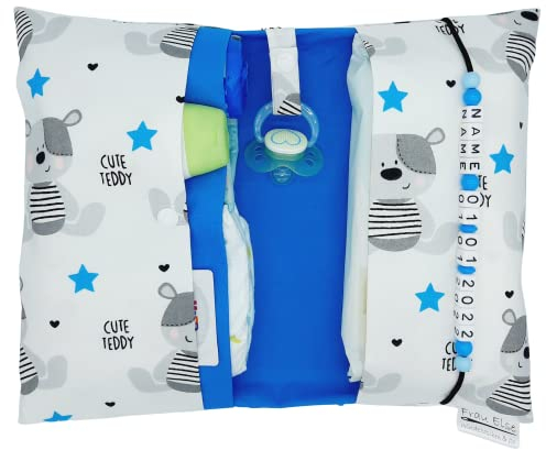 Große Windeltasche XXL mit Name Wickeltasche Teddybär weiß türkis-blau
