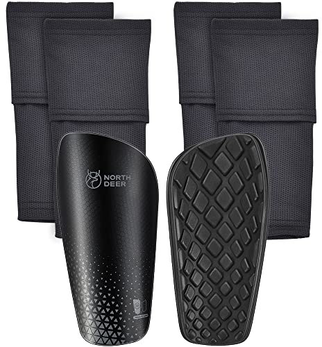 Northdeer Kids Adults Football Shin Guards incl. Sleeves with 2 Pairs Optimized Insertion Holders - Protective Shin Pads for Boys Girls Men (Black S)