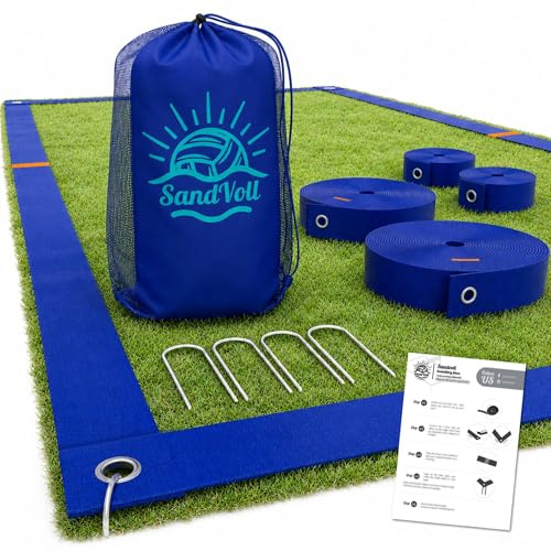SandVoll Beach Volleyball Lines for Sand - Portable 2 inch Boundary Lines Set for Outdoor + Sand Anchors and Net Bag. Official Court Size Dimensions (26.3' x 52.6')