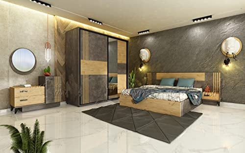 Camera da Letto Matrimoniale Completa con Armadio 2 Ante Battenti Letto Matrimoniale con Comodini e Comò Dotato di 2 Cassetti 1 Anta e 1 Specchio Cemento Scuro e Quercia Dorata CDLU31