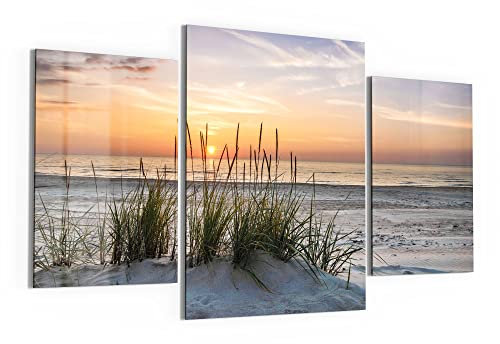 DEQORI Glasbilder Echtglas | Motiv Sonnenuntergang am Strand | horizontal 3-teilig 140x80 cm | große XXL Deko | Wandbilder für Wohnzimmer, Schlafzimmer, Flur & Küche | moderne Wanddeko