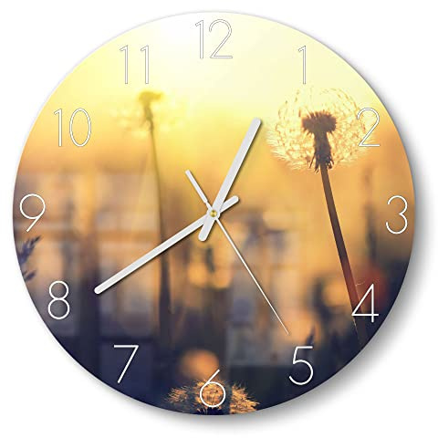 DEQORI Glasuhr | rund Ø 30 cm | Motiv Pusteblumenwiese | ausgefallene leise Design Uhr aus Glas | Wanduhr für Wohnzimmer & Küche | moderne Hingucker Uhr für die Wand