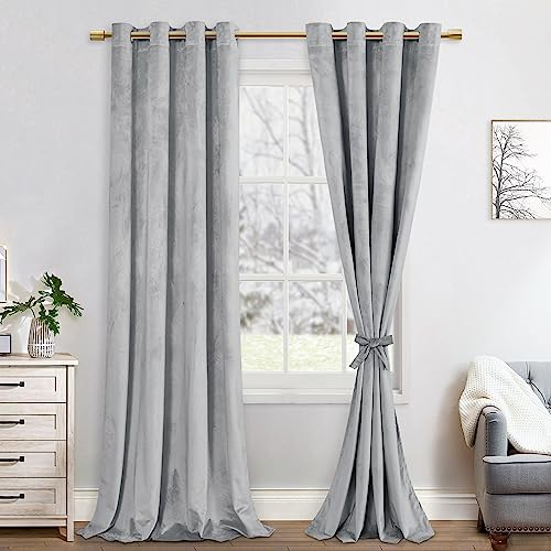 JIUZHEN Verdunklungsvorhang aus Samt,2er Set weiche blickdichte Gardinen mit Ösen für Schlafzimmer,140x280cm (Breite x Höhe),Silber grau