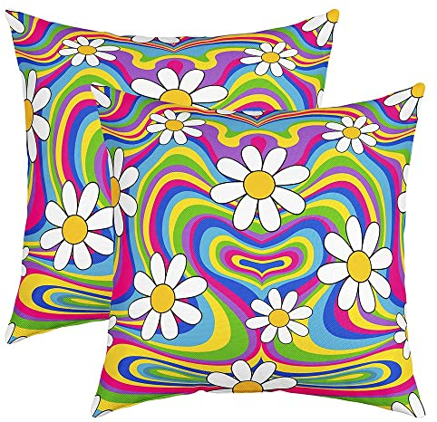 70S Hippie Blumes Square Kissenhülle 2er Set Kissenbezüge Retro Floral Boho Umkehrbar Kissenbezüge 45x45cm Kissenbezug Groovy Blume Sofakissen Couchkissen für Sofa Dekor Regenbogen