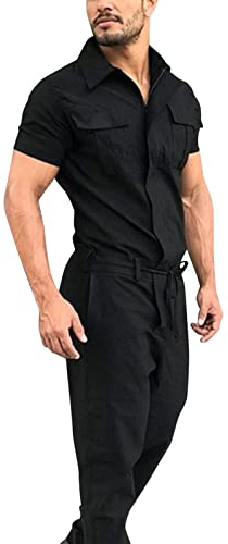 Gefomuofe Arbeitsoverall für Herren Kurzarm Strampler Overall Herren Sommer Jumpsuit kurz Henley Jumpsuit Super Bequemer Stretch-Baumwoll-Strampler mit Zipper Männer Schwarz