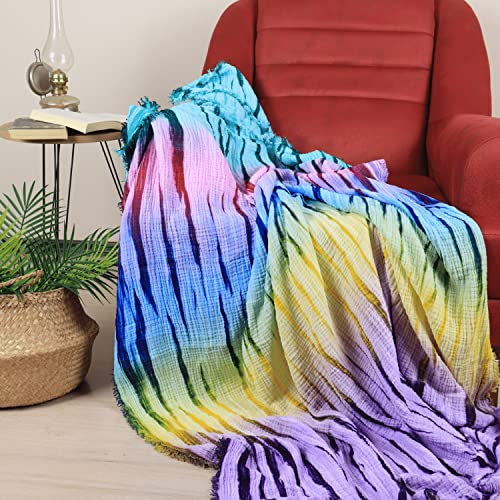 Püskül Weiche 3-lagige Musselin-Überwurfdecken - Übergroße 100% türkische Baumwolle XXL Überwurf für Bett Couch Sofa Picknick Strand (Rhythmus, Überwurf 135 x 170 cm)