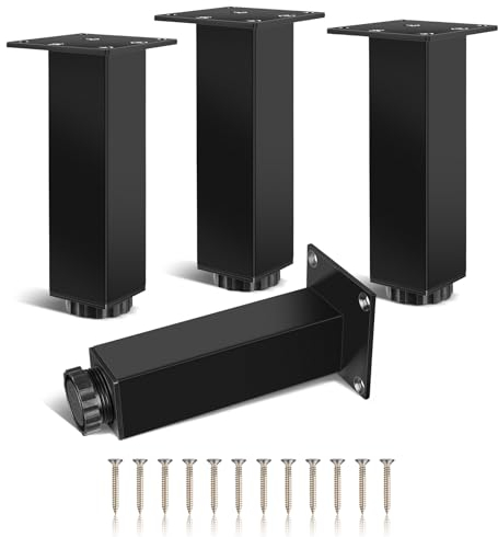 Niviy Pied de Meuble 4 pcs Pied de Table Reglable avec Plaque Fixe Large et Épaisse Pieds Meuble Carré Noir pour Pieds d'armoire Pieds Buffet Pieds D'étagère 150 mm Vis Inclus