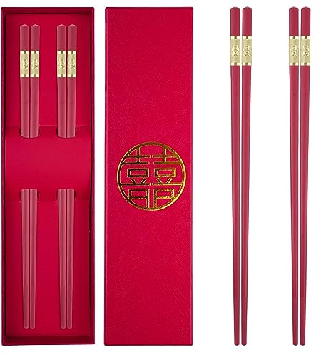 Juego de 2 pares de palillos de fibra de vidrio en caja de regalo, color rojo, edición Double Happiness, comedor elegante con diseño simbólico