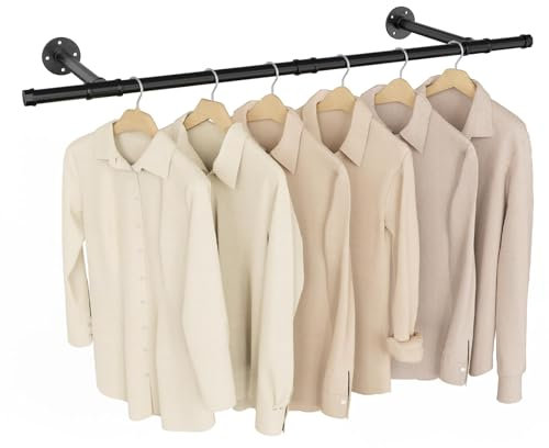 Yawinhe Wall Mounted Clothes Rail, 112cm Multi Purpose Hanger Rod, Industrial, Space-Saving, Removable Rack for Bedroom Storage, Easy Assembly, Black, 1 Pack