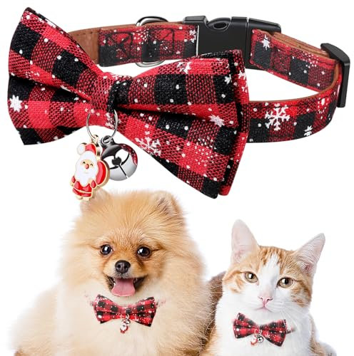 Becellen Hundehalsband Weihnachten, Karierte Halsband mit Schleife Verstellbare Schneeflocke Hundehalsbänder für Haustiere