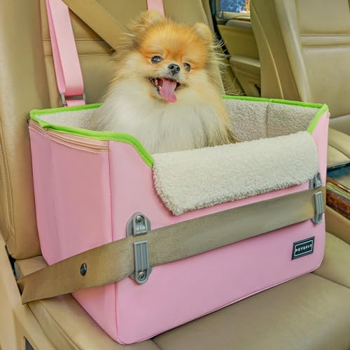 Petsfit Panier Chien Voiture, Siège Auto Chien Voiture pour Chiens jusqu'à 6kg, Pliable Transport Chien Voiture arrière avec Ceinture de Sécurité, Rose-Vert