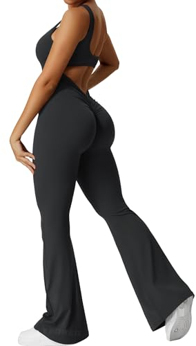 Yeoreo Jumpsuit Lizvette für Damen, sexy, rückenfrei, ausgestellt, figurbetont, Scrunch-Po, Yoga-Strampler, V-Ausschnitt, #1 Schwarz, Medium