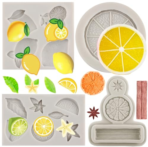 MYPRACS 4 Stück Zitronen Fondant Form Sternanis Mandarinenschale Silikonform für Süßigkeiten Schokolade Zitronenscheiben Harzform für Kuchendekoration Cupcake Topper Gummipaste Polymerton