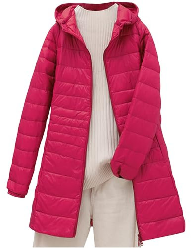 Lange Daunenjacke Damen Leichte Steppjacke Warme Winterjacke Einfarbig Jacke mit Kapuze Große Größen Wintermantel Locker Daunenmantel Zip Up Steppmantel Taschen Mantel Langarm Skijacke Outdoorjacke