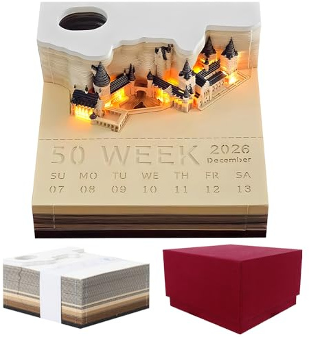 Fivtsme 3D-Notizblock, 2026 Tischkalender-Notizblock, Schreibtischkalender 2026 zum Abreißen, 3D Kalender Abreißen mit Licht und Stifthalter, 3D-Magic Castle-Wochenkalender, DIY Kreatives Geschenk