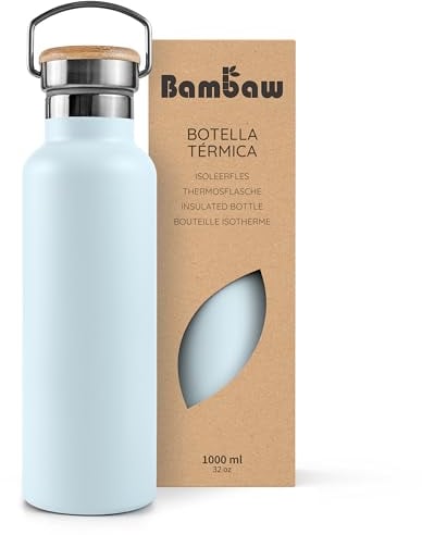 Bambaw Thermo Trinkflasche 1l, Edelstahl Trinkflasche Blau, 1l Thermosflasche, Trinkflasche Schraubverschluss, Trinkflasche Spülmaschinenfest 1l – Eisblau