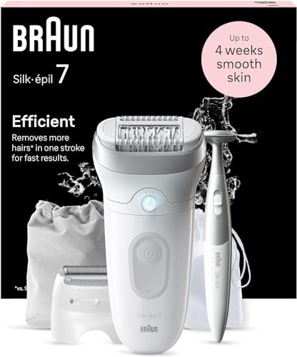 Braun Silk-épil 7, Epilierer Damen / Haarentferner für langanhaltende Haarentfernung, inkl. Bikinitrimmer (Haartrimmer Intimbereich), Ladyshaver, Made in Germany, 7-241, Weiß/Silber