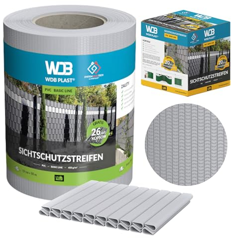 WDB - Sichtschutzstreifen für Doppelstabmatten Sichtschutz Zaun - 19 cm x 50 m + 26 Stück Befestigungsclips - PVC Windschutz Basic Line - Grau - RAL 7040