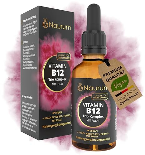 Naurum Vitamin B12 Trio Komplex mit Folat - 1100 Tropfen, 50ml, Methylcobalamin, Adenosylcobalamin & 5-MTHF, Hochdosiert, Vegan, 6+ Monate Vorrat, Made in Germany