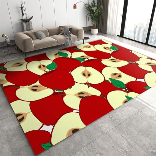 SANSJI Reifer Roter Apfel Teppiche Gegend, Cartoon-Aquarell-Früchte rutschfest Flachgewebter Teppich - für Schlafzimmer Wohnzimmer Esszimmer Balkon 60 x 120 cm