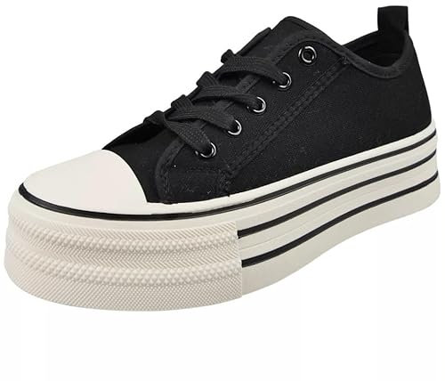 LoudLook Ladies Platform Trainers Canvas Pumps Gym Lace Up Comfy Heel Summer Casual Shoes Sizes Black White 4