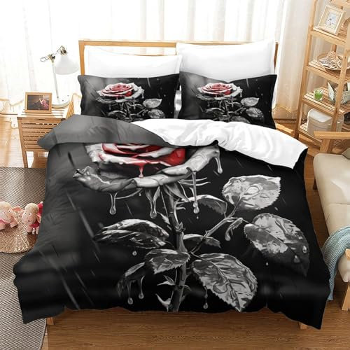 BEDPOCHY Rosen 3D Bettbezug Set 3-teilig Für Teenager Jungen Mädchen Weiche Komfort Microfaser RomantischBettwäsche Mit Reißverschluss Und Kissenbezug Single（140x200cm）