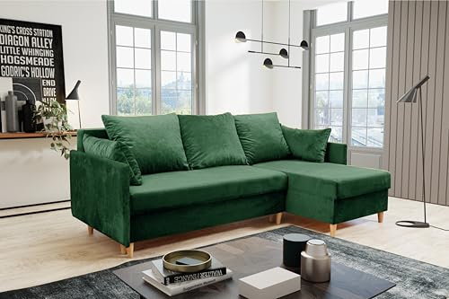 KIER FURNITURE - Ecksofa 210x140 cm - Sofa L Form - Sofa mit Schlaffunktion und Bettkasten - Liegefläche 140×200 cm - Ottomane Links oder Rechts - Schlafcouch, Gästebett - Samt Grün - 210x140x70 cm