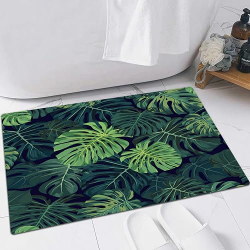 EMFSLA Bath Mat 24x35 in,Tropical Plants Green Monstera Abstract Bizarre Pattern,Non-Slip Bathroom Mat Machine-Washable,Ultra Soft and Water Absorbent Bath Rug for Bathroom