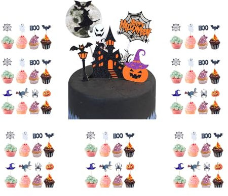 54 Stück Cupcake Topper Set für Halloween,Kuchendeko mit Kürbis, Fledermaus, Schädel, Geist und Spinne | Perfekte Tortendeko für Kinderpartys und Halloween-Feiern (Halloween-A)