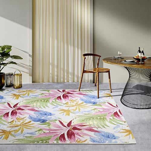 Villeroy & Boch Victor In- & Outdoor Teppich Modern - Flachgewebe Aussenteppich, Tropical Blätter Design, ÖKO-TEX Wetterfest & UV-beständig für Balkon, Terrasse, Garten – Creme Bunt, 200x285cm