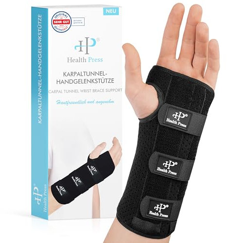 Health Press® Karpaltunnel Bandagen – 1x Karpaltunnel-Handgelenkstütze mit Metallschienen – Karpaltunnelsyndrom Schiene zur Unterstützung, Stabilisierung, Immobilisierung (S, Links)